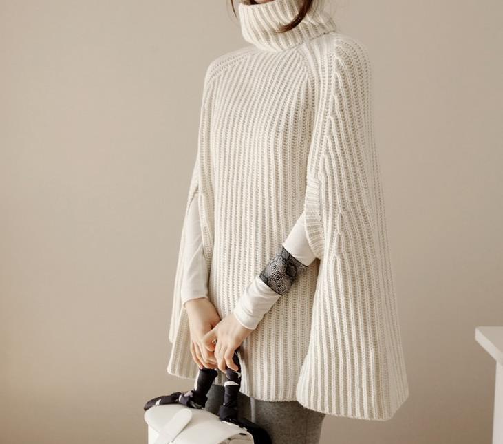Damen Strickponcho mit hohem Kragen und Schlitzen Norvielle