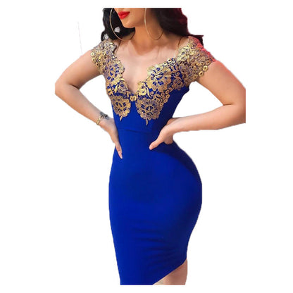 Damen Cocktailkleid Spitzenärmel V-Ausschnitt