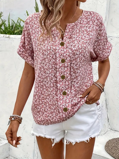 Damen Sommerbluse Lässig Floralmuster Knopfleiste
