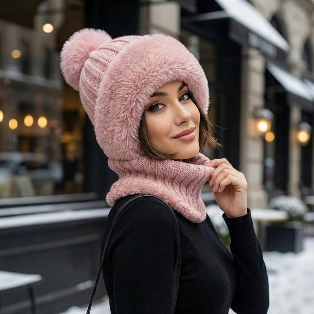 Lunara Damen 2-in-1 Wintermütze Kunstfell Schal