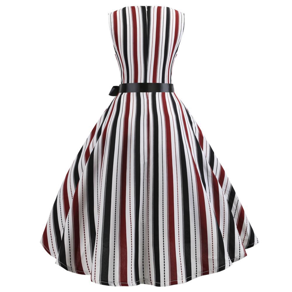 Damen A-Linien Kleid Streifenmuster Taillengürtel