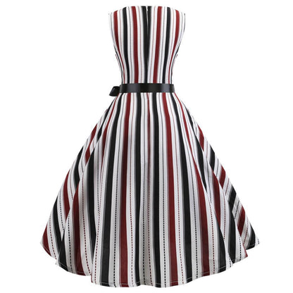 Damen A-Linien Kleid Streifenmuster Taillengürtel