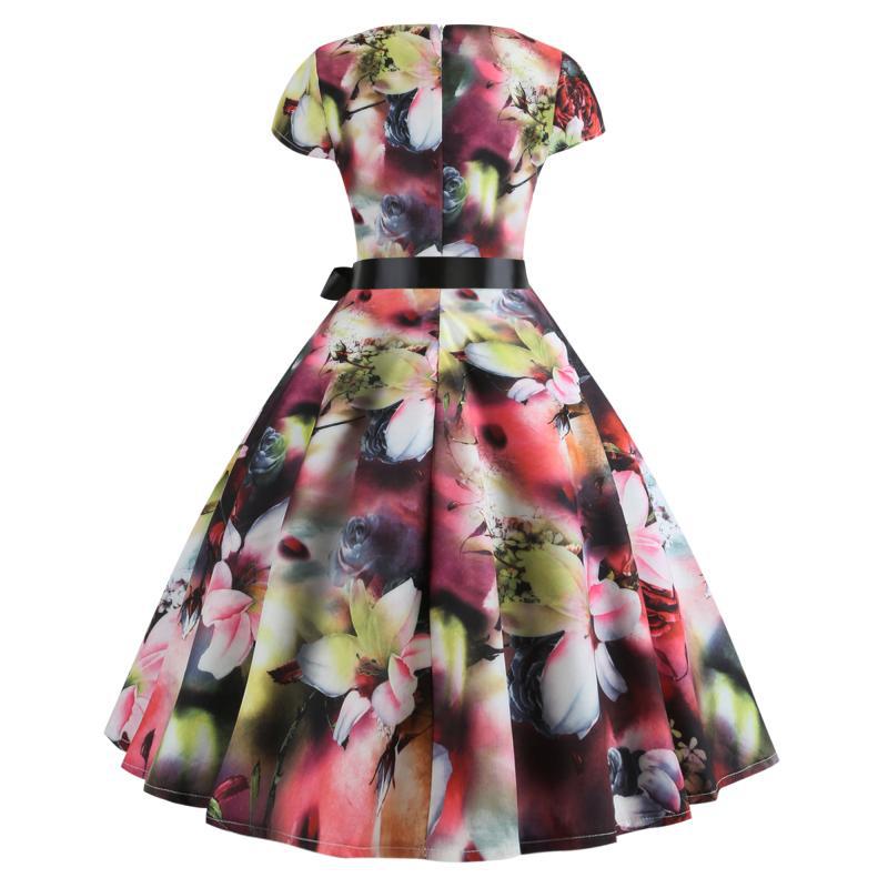 Damen A-Linien Kleid Blumenmuster Mit Taillengürtel