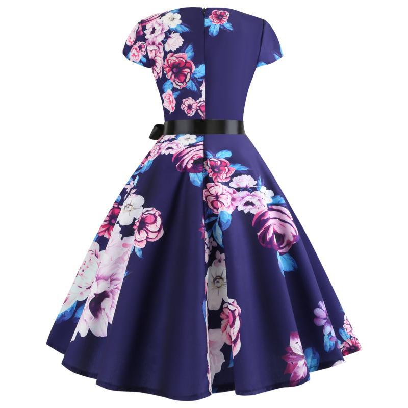 Damen Midi-Kleid Rundhals Floralmuster Schwingrock