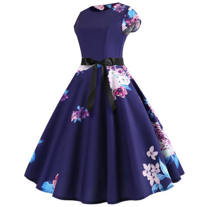Damen Midi-Kleid Rundhals Floralmuster Schwingrock