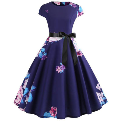 Damen Midi-Kleid Rundhals Floralmuster Schwingrock - Norvielle