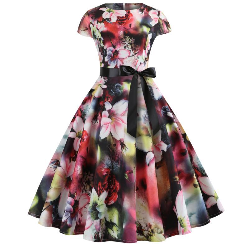 Damen A-Linien Kleid Blumenmuster Mit Taillengürtel Schwarz - Norvielle