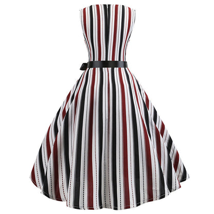 Damen A-Linien Kleid Streifenmuster Taillengürtel