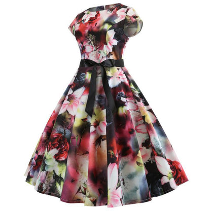 Damen A-Linien Kleid Blumenmuster Mit Taillengürtel