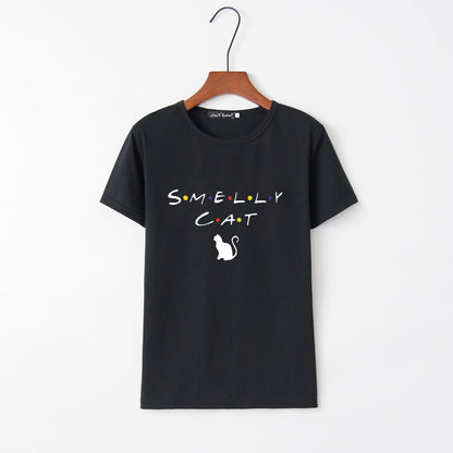 Damen T-Shirt Katzenmotiv Rundhals Schwarz Norvielle - Norvielle