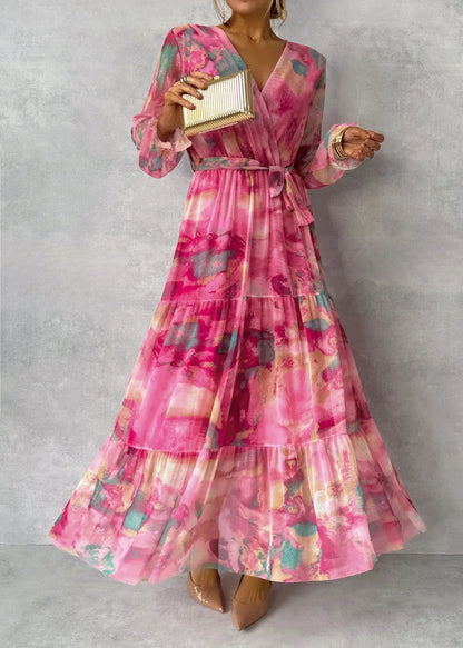 Damen Maxikleid Plissiert Blumenmuster Mit Gürtel - Norvielle