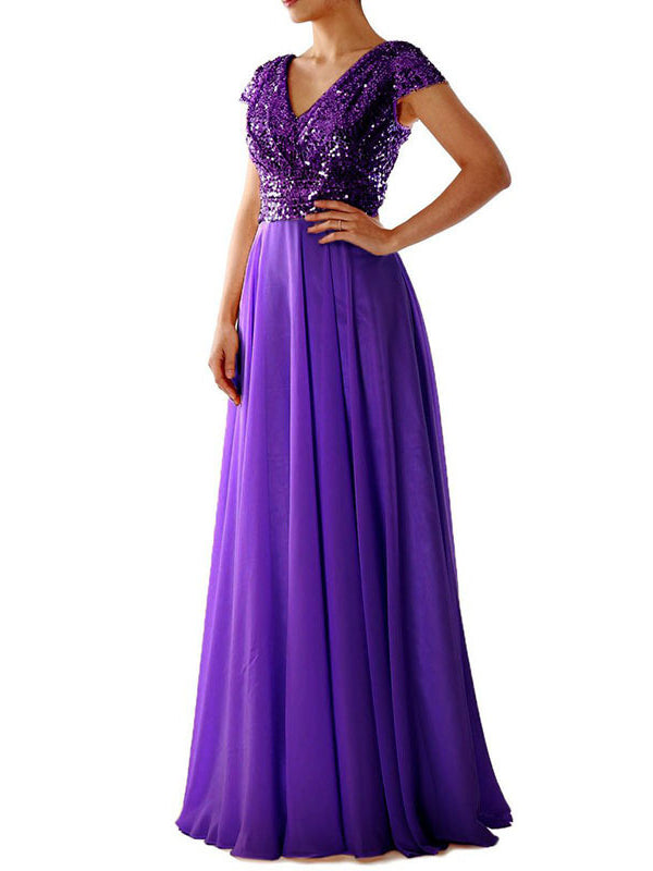 Damen Maxi Kleid V-Ausschnitt Paillette Chiffon Paneel