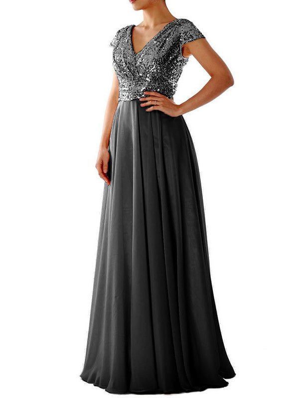 Damen Maxi Kleid V-Ausschnitt Paillette Chiffon Paneel