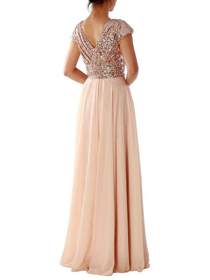 Damen Maxi Kleid V-Ausschnitt Paillette Chiffon Paneel - Norvielle
