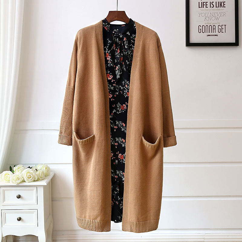 Damen Strickjacke Lang Mit Taschen Offener Schnitt Beige
