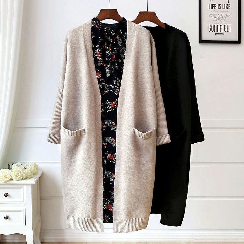 Damen Strickjacke Lang Mit Taschen Offener Schnitt Beige - Norvielle