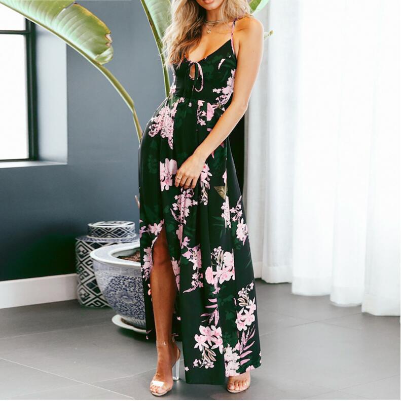 Damen Maxikleid Florales Design V-Ausschnitt