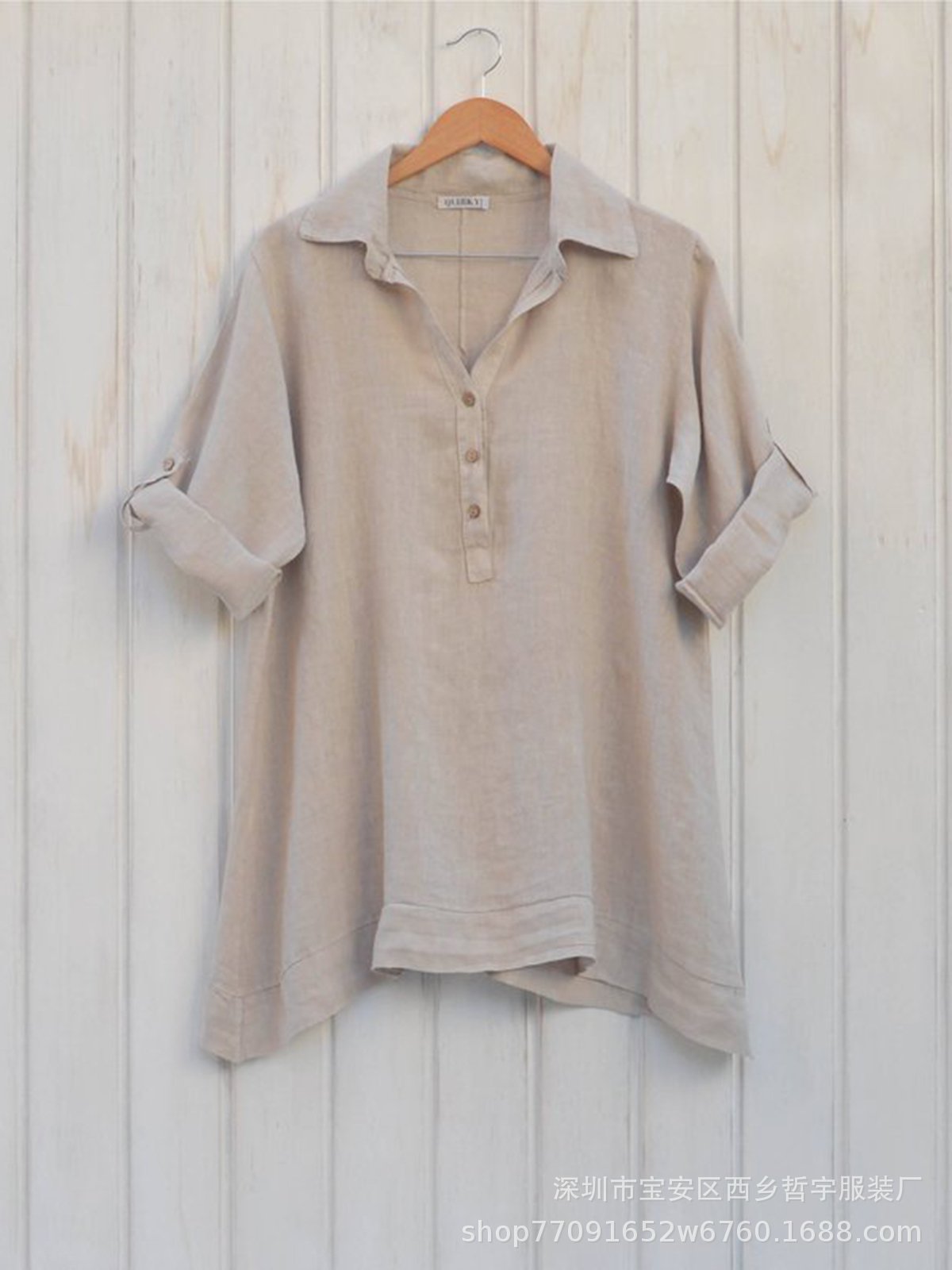 Damen Leinenbluse Rollkragen Elegante Knöpfe Beige