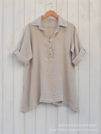 Damen Leinenbluse Rollkragen Elegante Knöpfe Beige