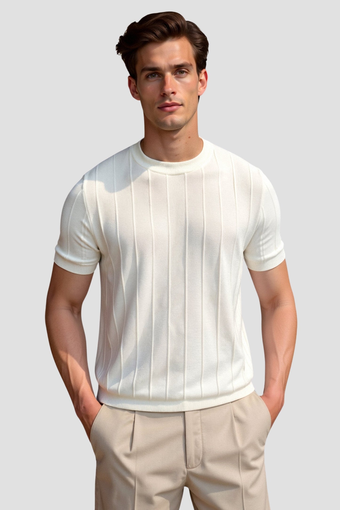 Herren Gestreiftes T-Shirt O-Hals Baumwolle Classic -Weiß