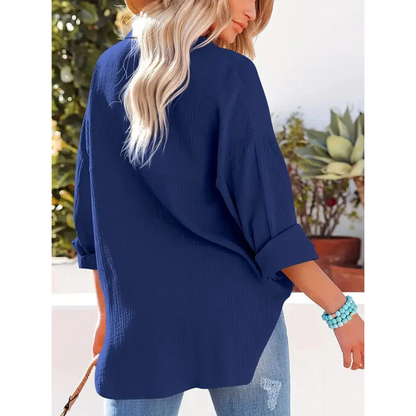 Damen Unifarben Bluse Knopfleiste Hemdkragen Langarm Elegante Bluse