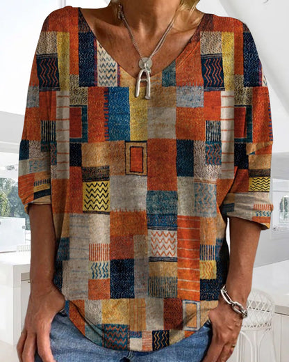 Damen Oberteil V-Ausschnitt Patchwork Print