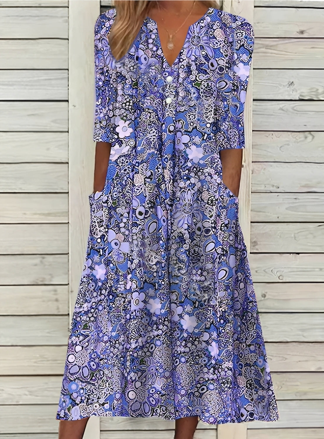 Damen Blumenkleid Lockeres Design Mit Taschen