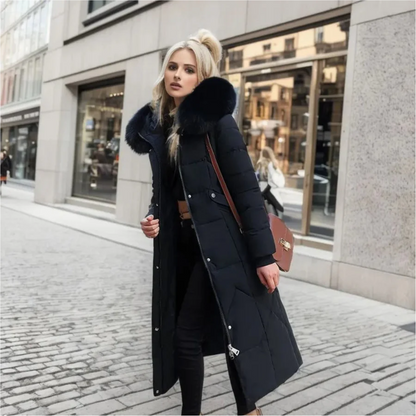 Damen Winterjacke Lang Kapuze Fellbesatz