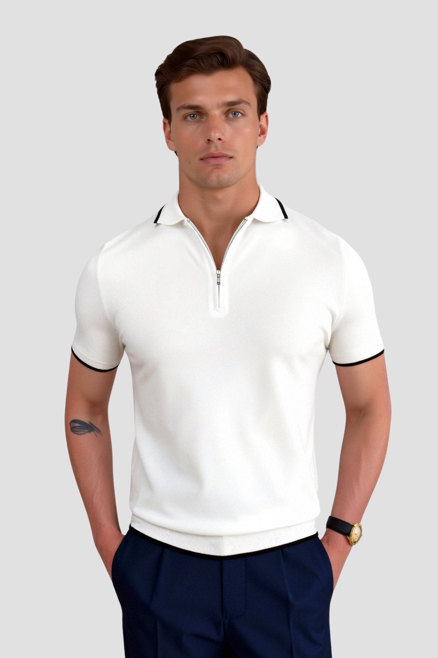 Herren Poloshirt Reißverschluss Kontrastdetails Klassisch