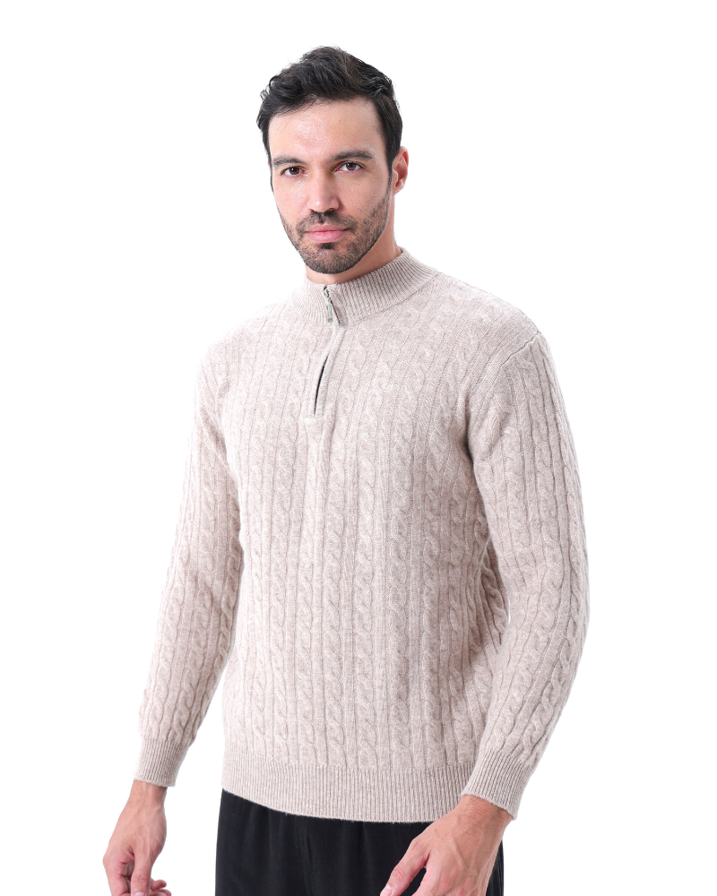 Herren Chasmere Pullover Kabelstrickmuster Halb Reißverschluss Beige