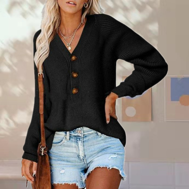 Damen Strickpullover V-Ausschnitt Teil-Knopfleiste