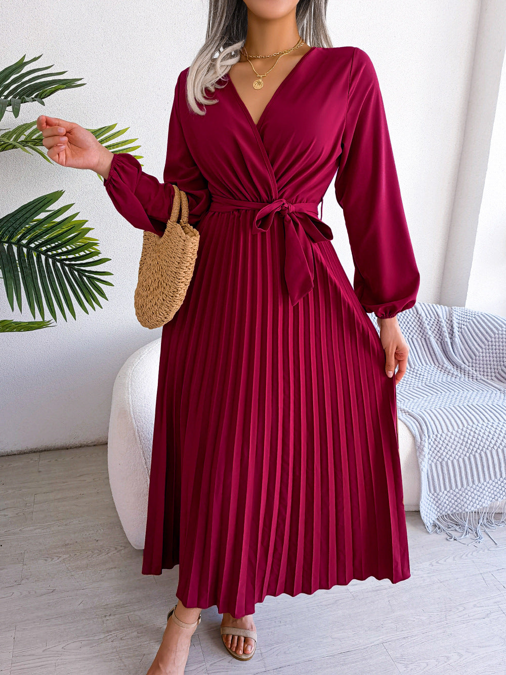 Damen Maxikleid Plissee Gürtel Elegantes