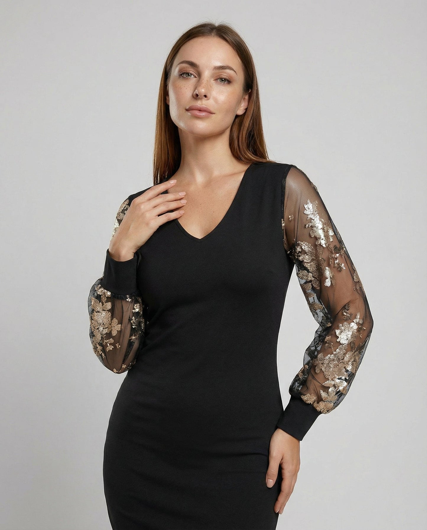 Schwarzes Damen Midikleid Blumenmuster Atmungsaktives Mesh - Norvielle