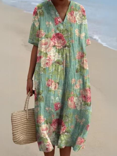 Norvielle Damen Kleid Floraler Druck Atmungsaktive Baumwolle