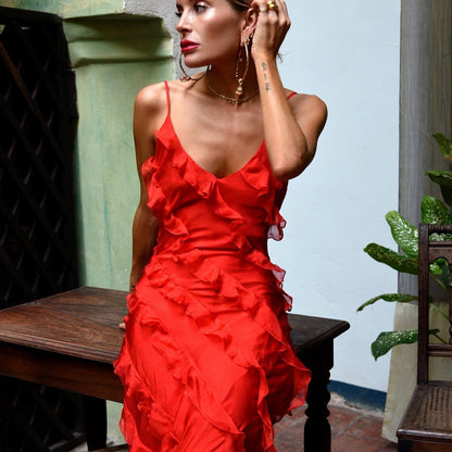 Damen Maxikleid Rüschen Abendkleid Spaghettiträger