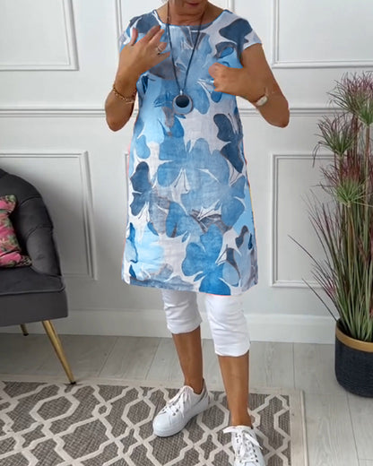 Damen Longtop Blumenprint Farbenfroh Baumwolle
