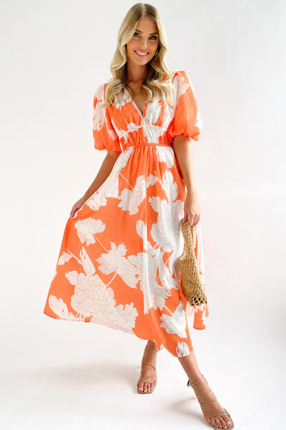 Norvielle Damen Maxi-Kleid Puffärmel Print
