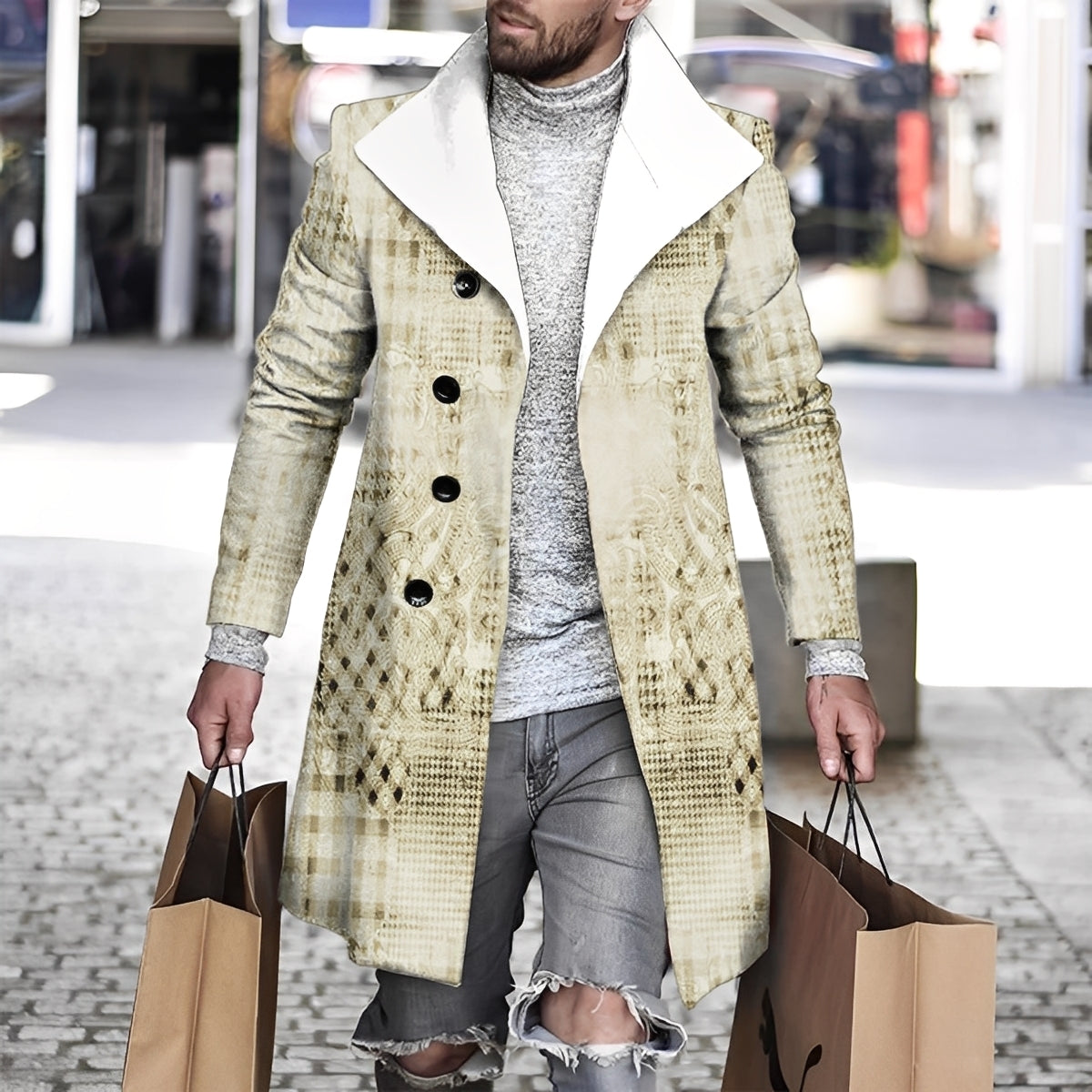 Herren Wollmantel Karomuster Terrystoff