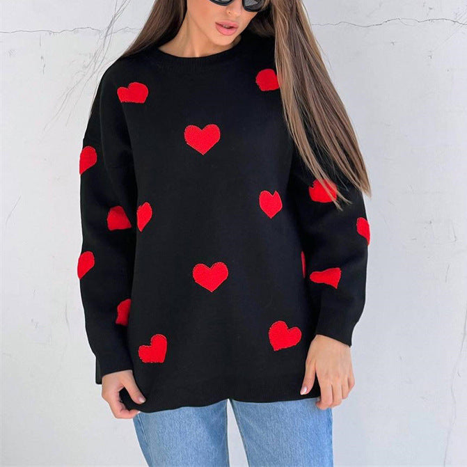 Damen Strick Sweatshirt Herzmuster Langarm Übergröße