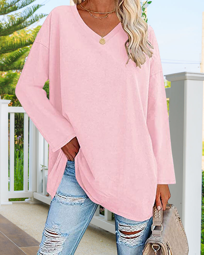 Norvielle Damen Langarm T-Shirt V-Ausschnitt Einfarbig