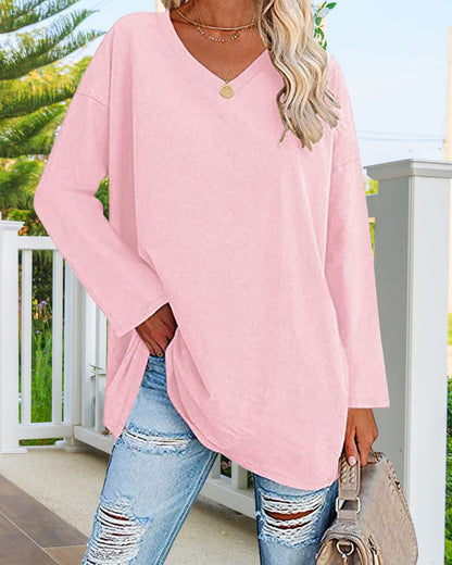 Norvielle Damen Langarm T-Shirt V-Ausschnitt Einfarbig