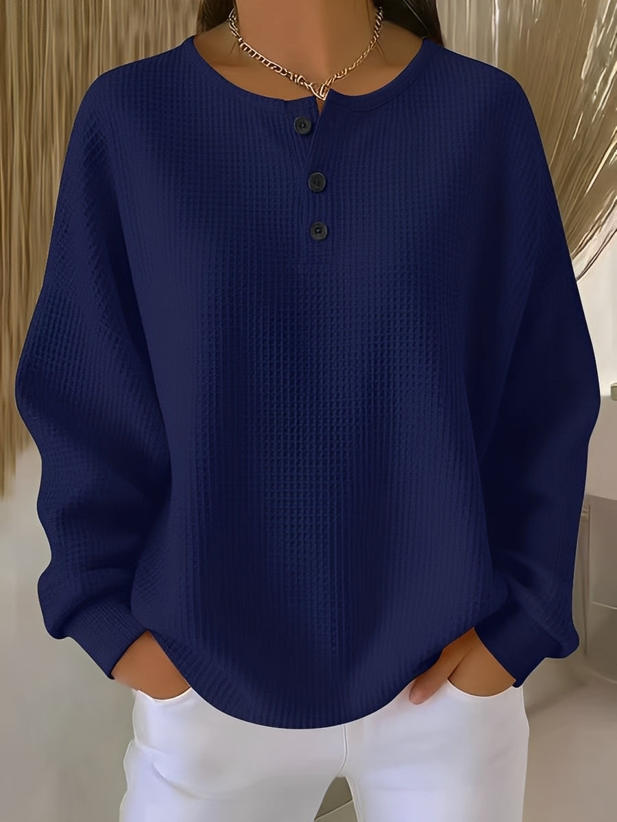 Anabella Damen Waffelpullover Knopfleiste Bequem