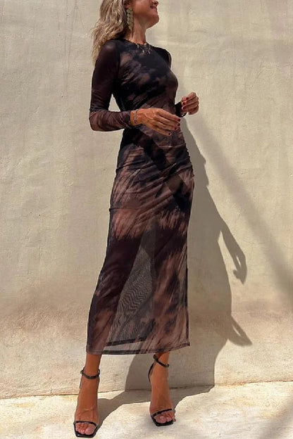 Damen Langarm Midi Kleid aus Stretch mit Rüsch und Mesh-Überzug,