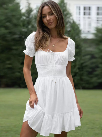 Damen Sommerkleid Puffärmel Rüschenrock