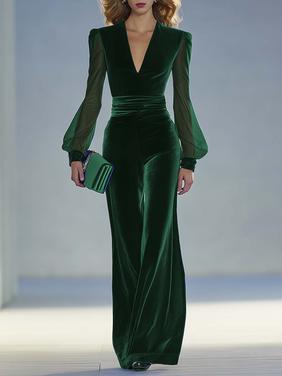 Damen Samt-Jumpsuit V-Ausschnitt Eleganz
