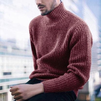 Herren Strickpullover Feines Rippmuster Hoher Kragen Warm Beige