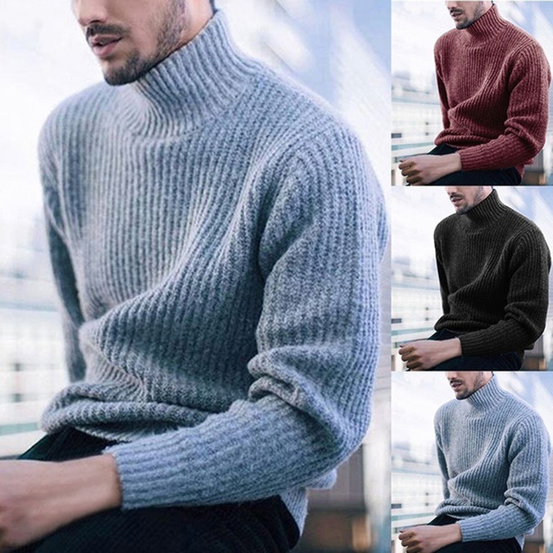 Herren Strickpullover Feines Rippmuster Hoher Kragen Warm Beige