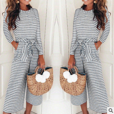 Damen Jumpsuit Lässiger Bindegürtel Gestreift Norvielle