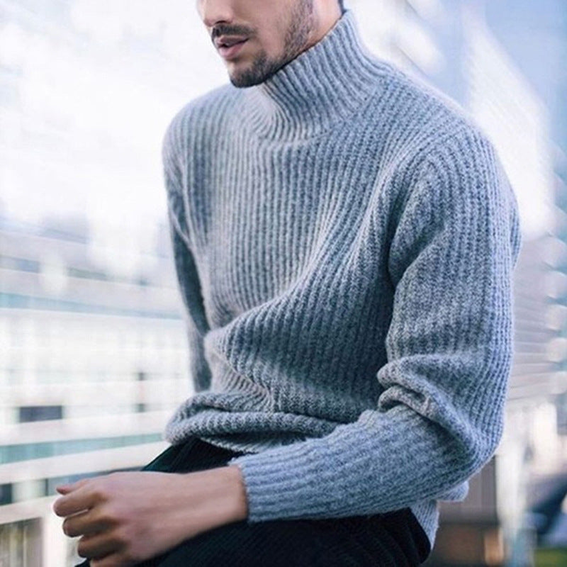 Herren Strickpullover Feines Rippmuster Hoher Kragen Warm Beige