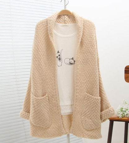 Damen Grobstrick Cardigan Offene Kanten Praktische Taschen Beige